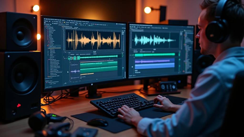 Éditeur audio montrant des couches de sons et d'effets pour un projet motion